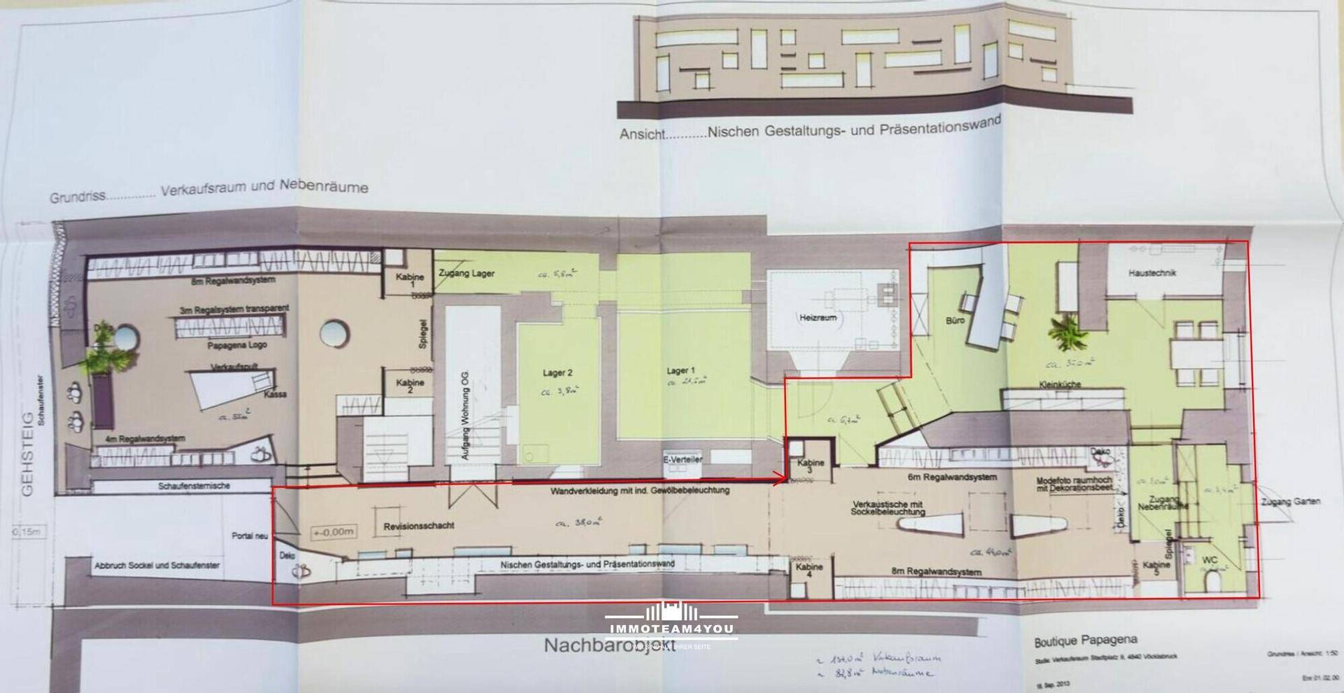 Detaillierter Grundriss eines Verkaufsraums mit Nebenräumen und Lagerflächen.