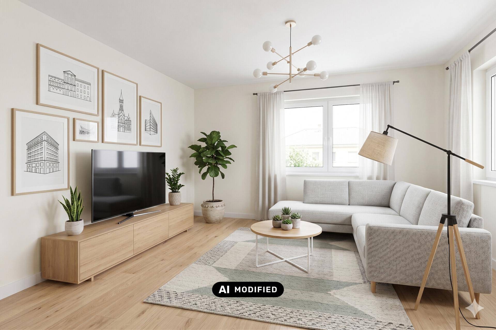 Helles und modern eingerichtetes Wohnzimmer mit bequemer Couch, Holzboden und dekorativen Pflanzen.