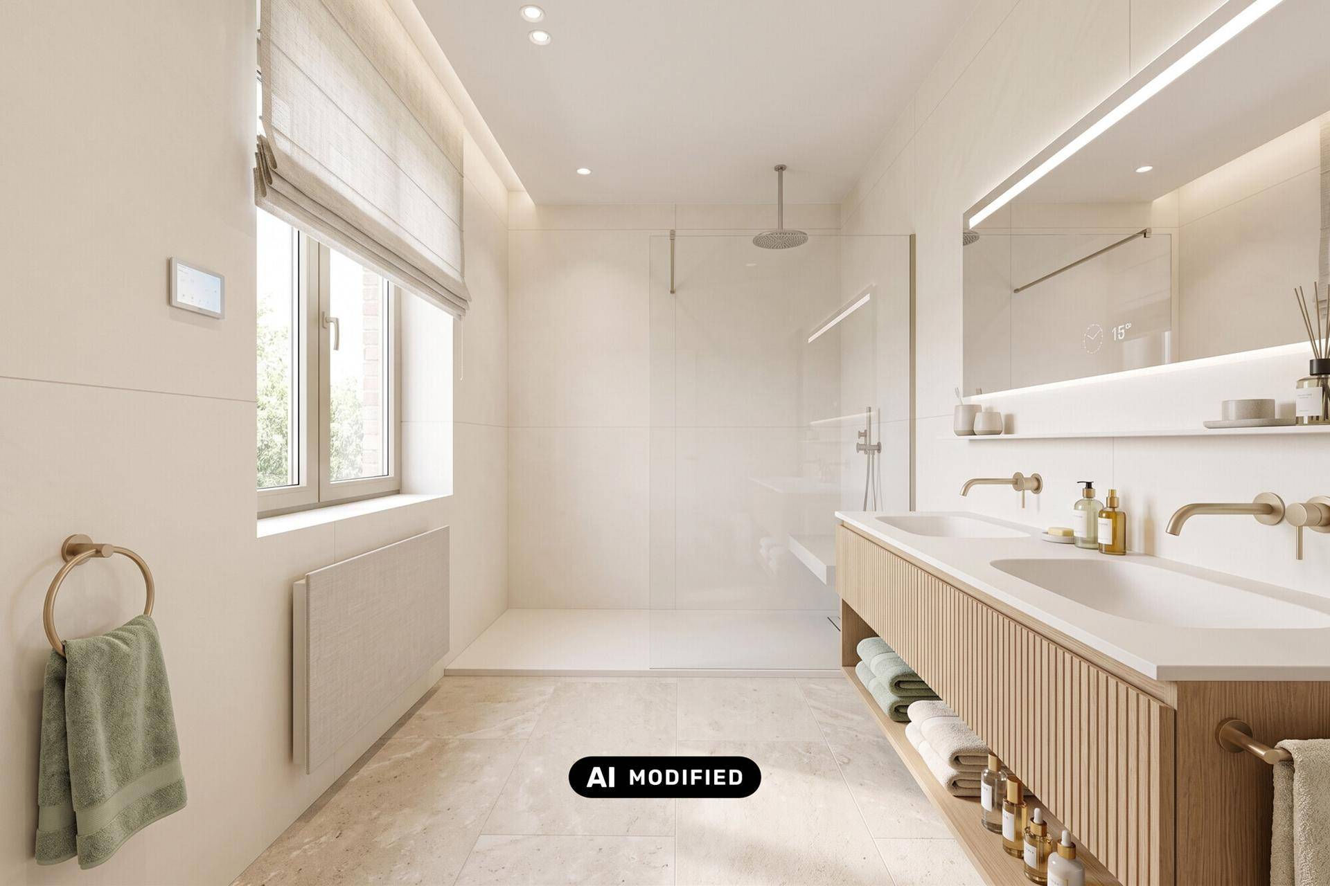 Modernes Badezimmer mit großer begehbarer Dusche, Doppelwaschbecken und Fenster für Tageslicht.