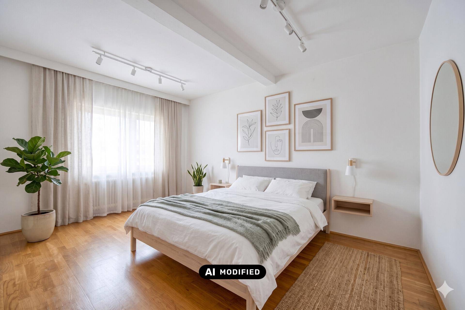 Helles Schlafzimmer mit Doppelbett, Holzboden und großen Fenstern für viel Tageslicht.