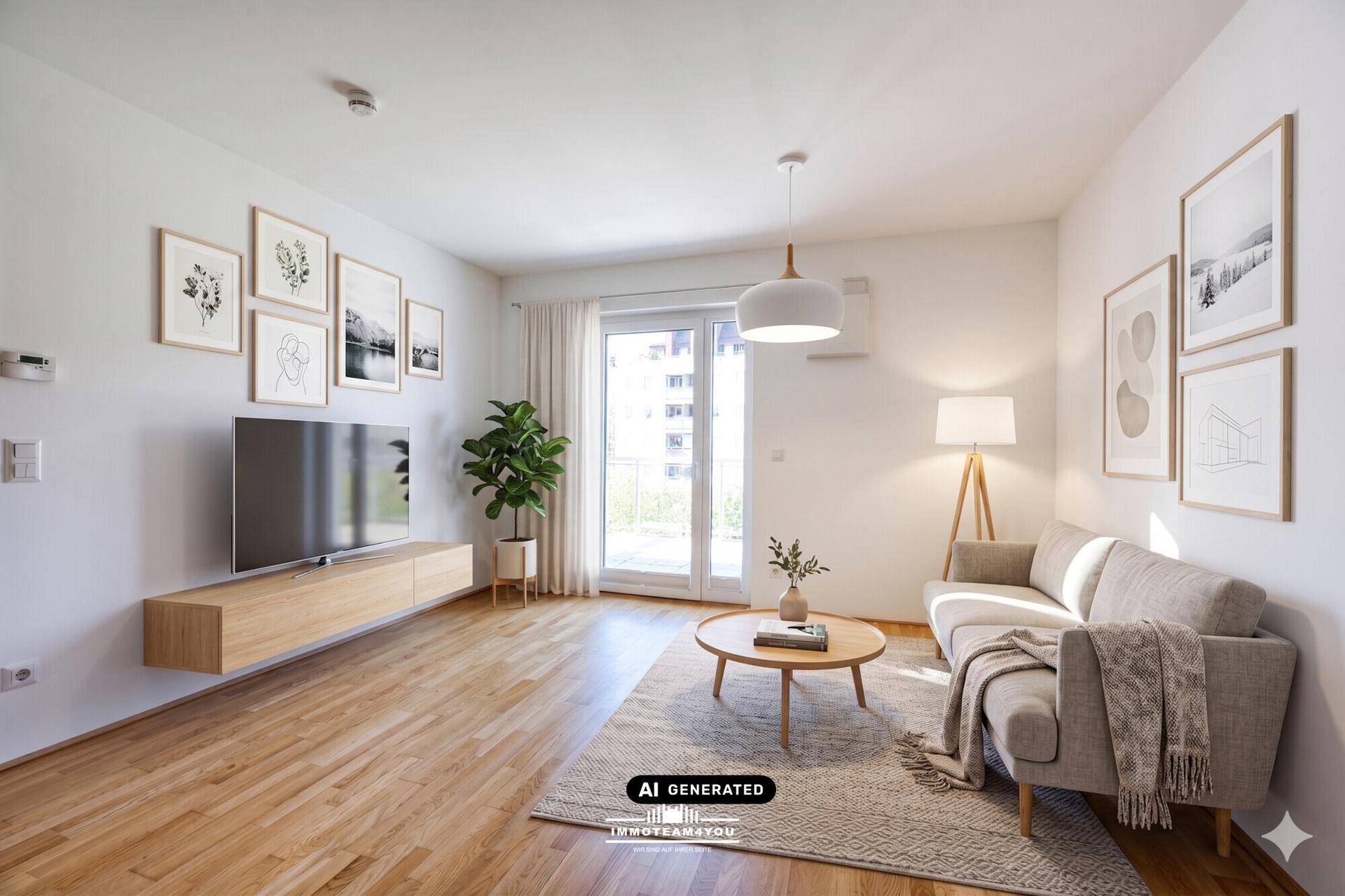 Lichtdurchflutetes Wohnzimmer mit Holzboden, Sofa und Zugang zu einem Balkon.