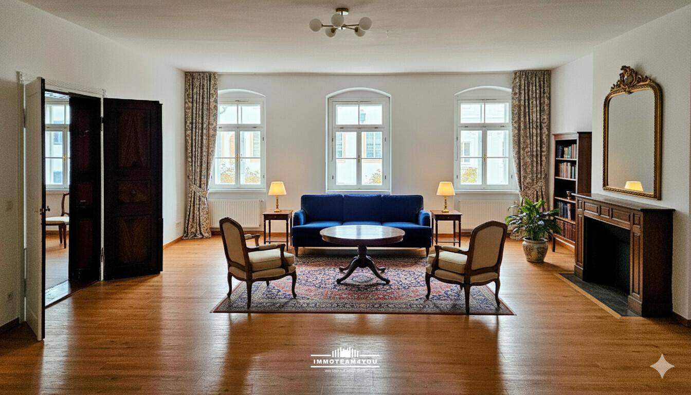 Klassisch eingerichtetes Wohnzimmer mit Holzboden, blauem Sofa und dekorativem Kamin.