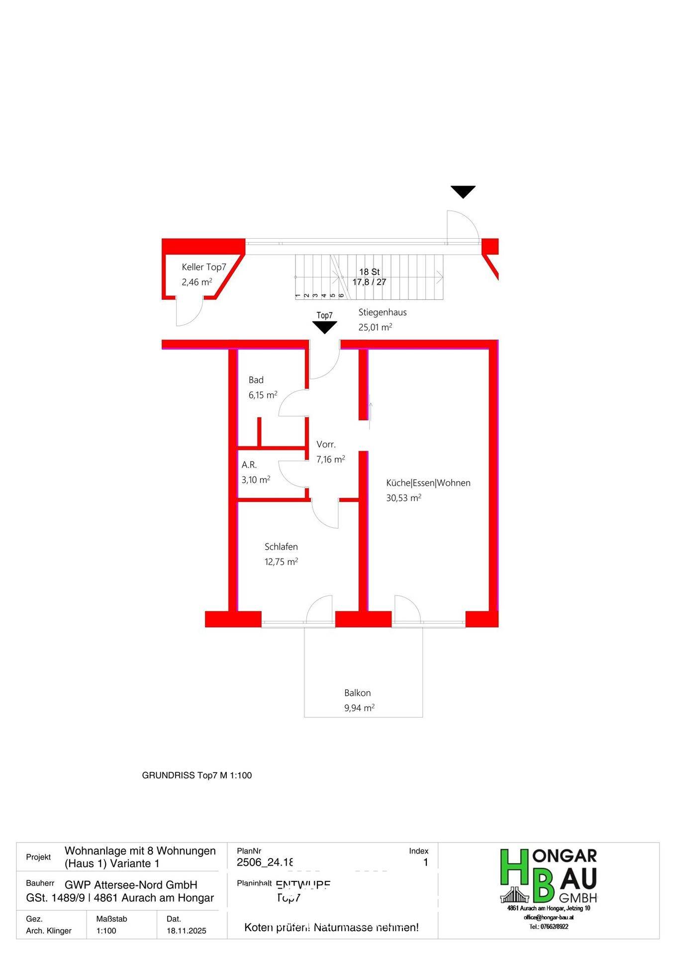 Grundriss für Top 7 in Haus 1 mit Schlafzimmer, Bad, Küche/Essen/Wohnen und Balkon.