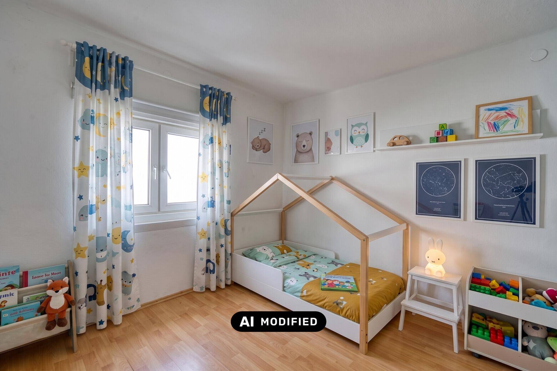 Kinderzimmer mit Hausbett, Spielzeug und kindgerechter Dekoration, hell und freundlich.