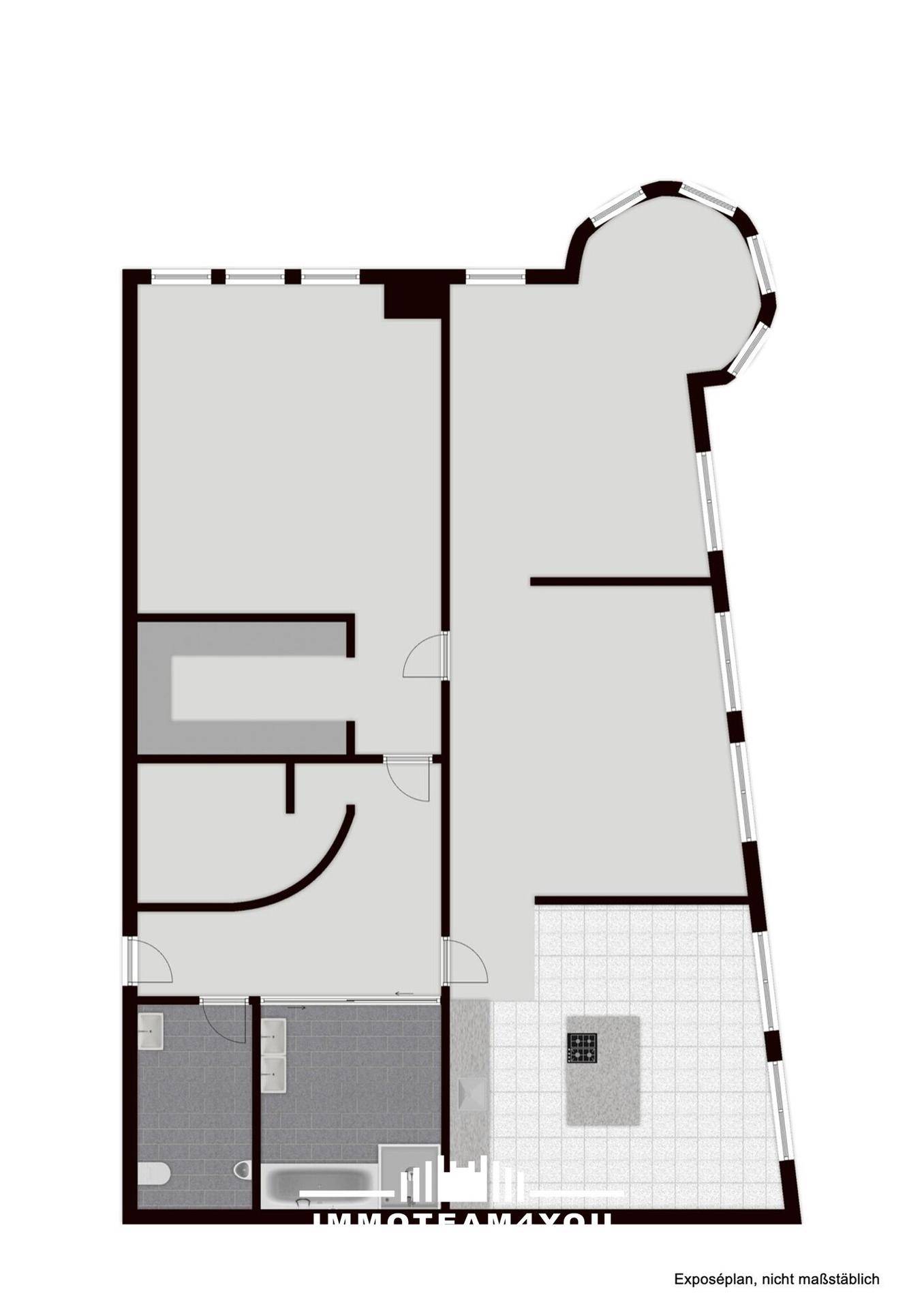Übersichtlicher Grundriss mit offenem Wohnbereich, zwei Bädern und Balkon.