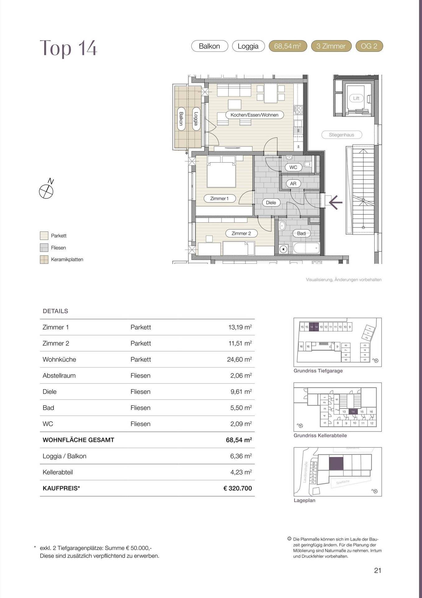 Detaillierter Grundriss der Wohnung Top 14 mit zwei Zimmern, Wohnküche, Bad und Loggia/Balkon.