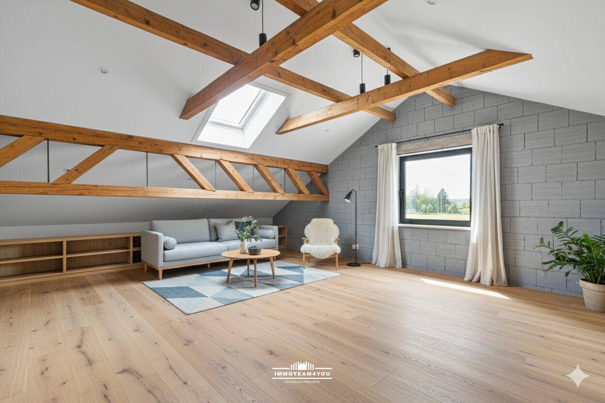 Helles Wohnzimmer im ausgebauten Dachgeschoss mit Holzbalken, Dachfenstern und Parkettboden.