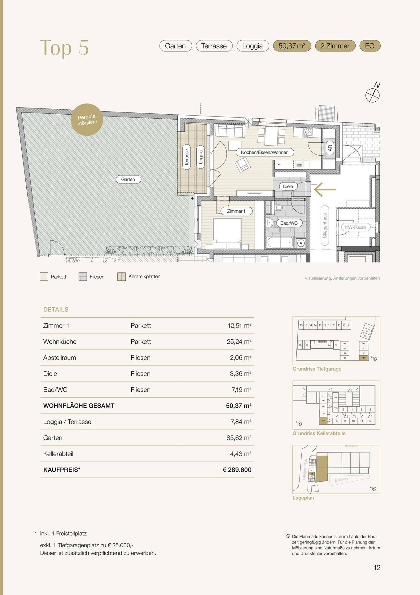 Detaillierter Grundriss der Wohnung Top 5 mit Garten, Terrasse und Loggia.