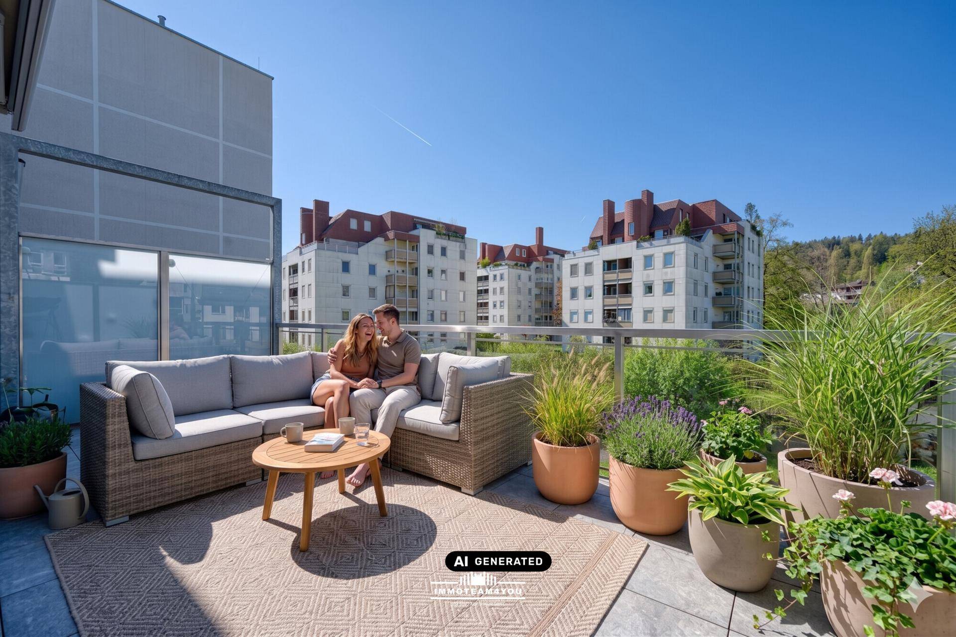 Sonnige Terrasse mit bequemen Loungemöbeln, Pflanzen und Blick auf umliegende Gebäude.