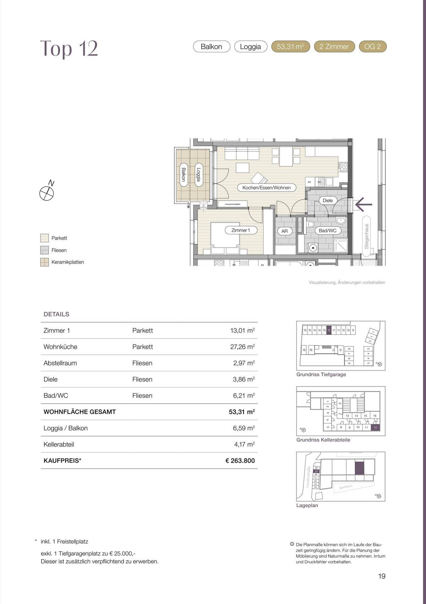Detaillierter Grundriss der Wohnung Top 12 mit Wohnküche, Schlafzimmer und Balkon.