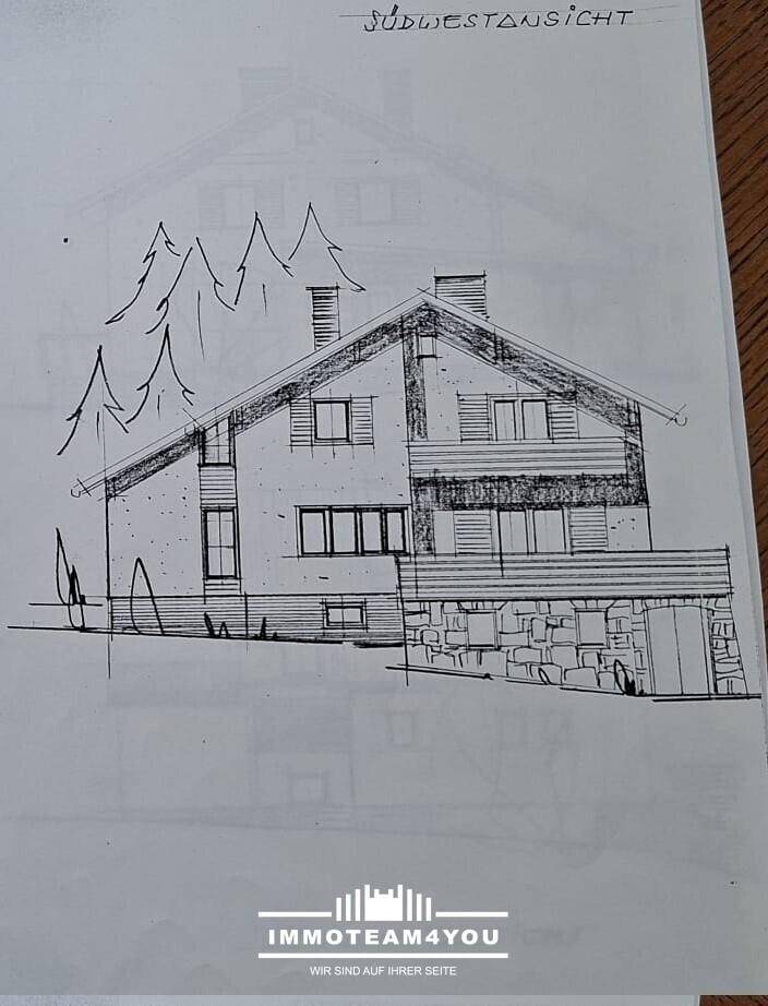 Handgezeichnete Südwestansicht eines Hauses mit Satteldach, Balkon und traditioneller Architektur.