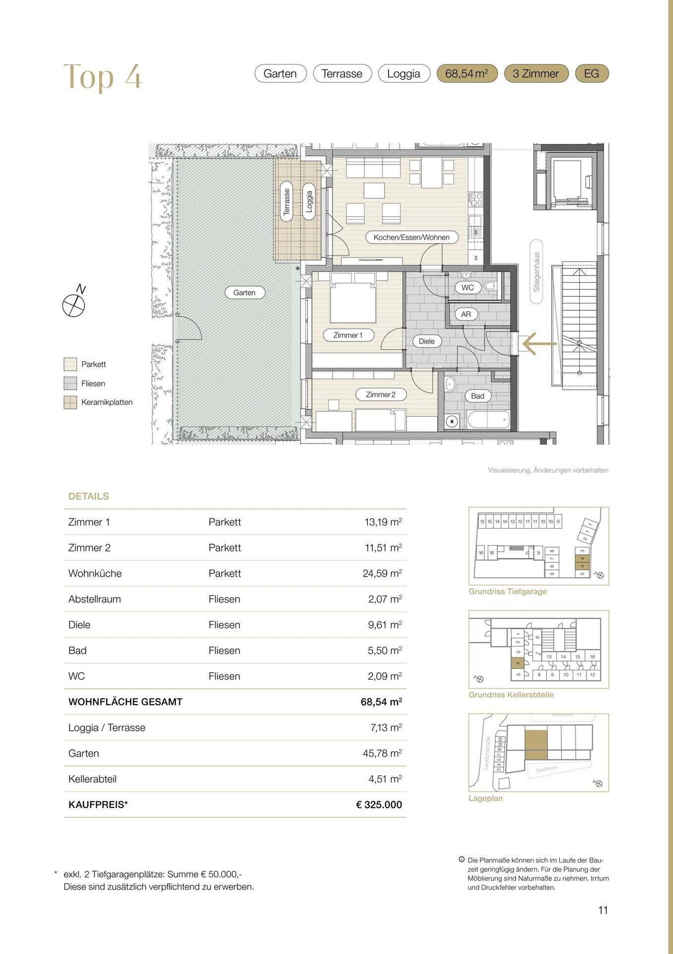 Detaillierter Grundriss der Wohnung Top 4 mit Garten, Terrasse, Loggia und drei Zimmern.