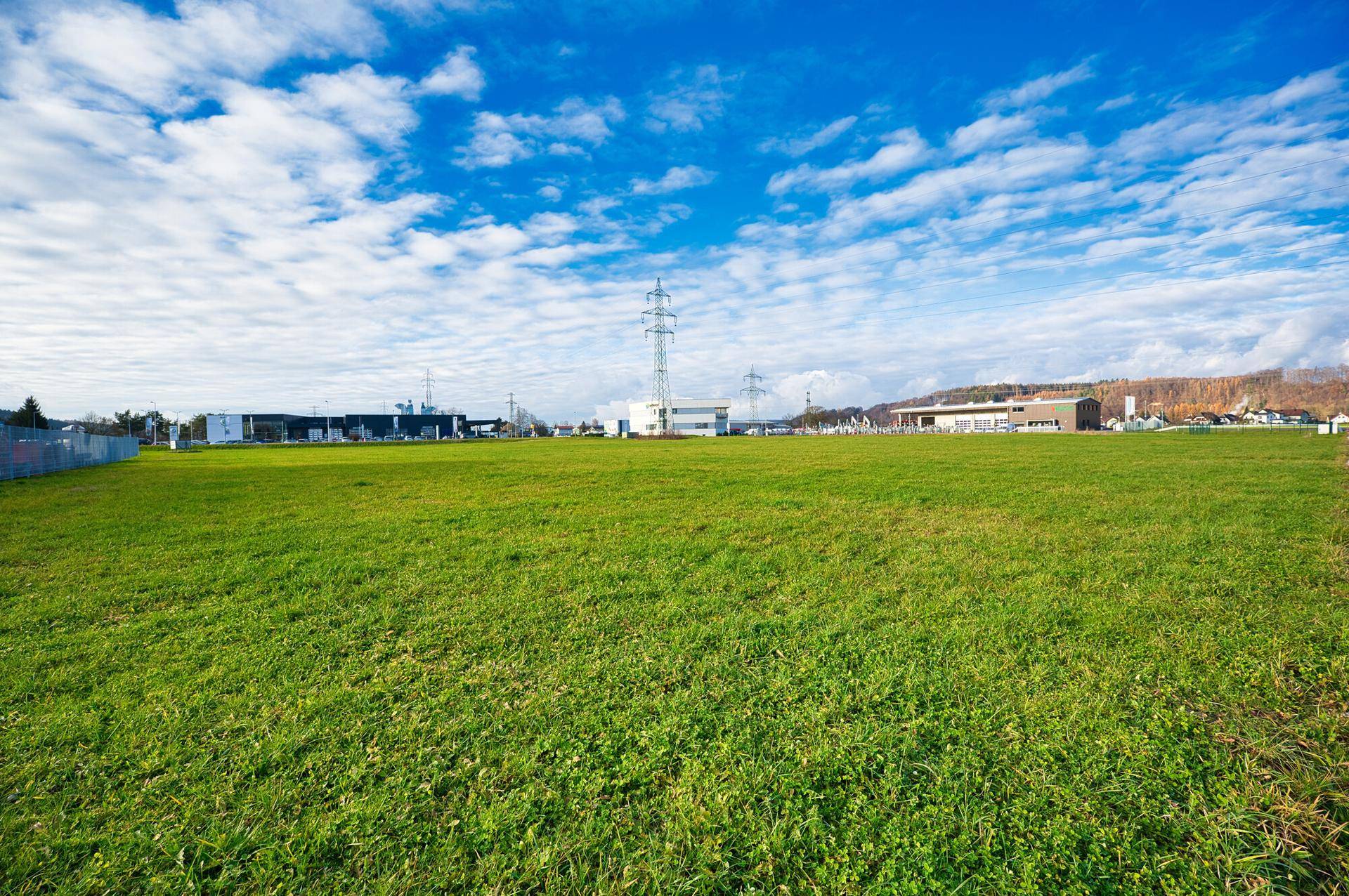 Ausgedehnte grüne Grasfläche unter einem strahlend blauen Himmel mit vereinzelten Wolken.