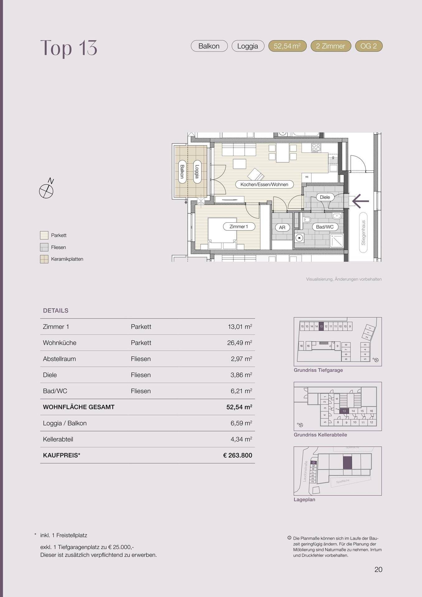 Detaillierter Grundriss für Top 13 mit offener Wohnküche, Schlafzimmer und Loggia auf 52,54 m².