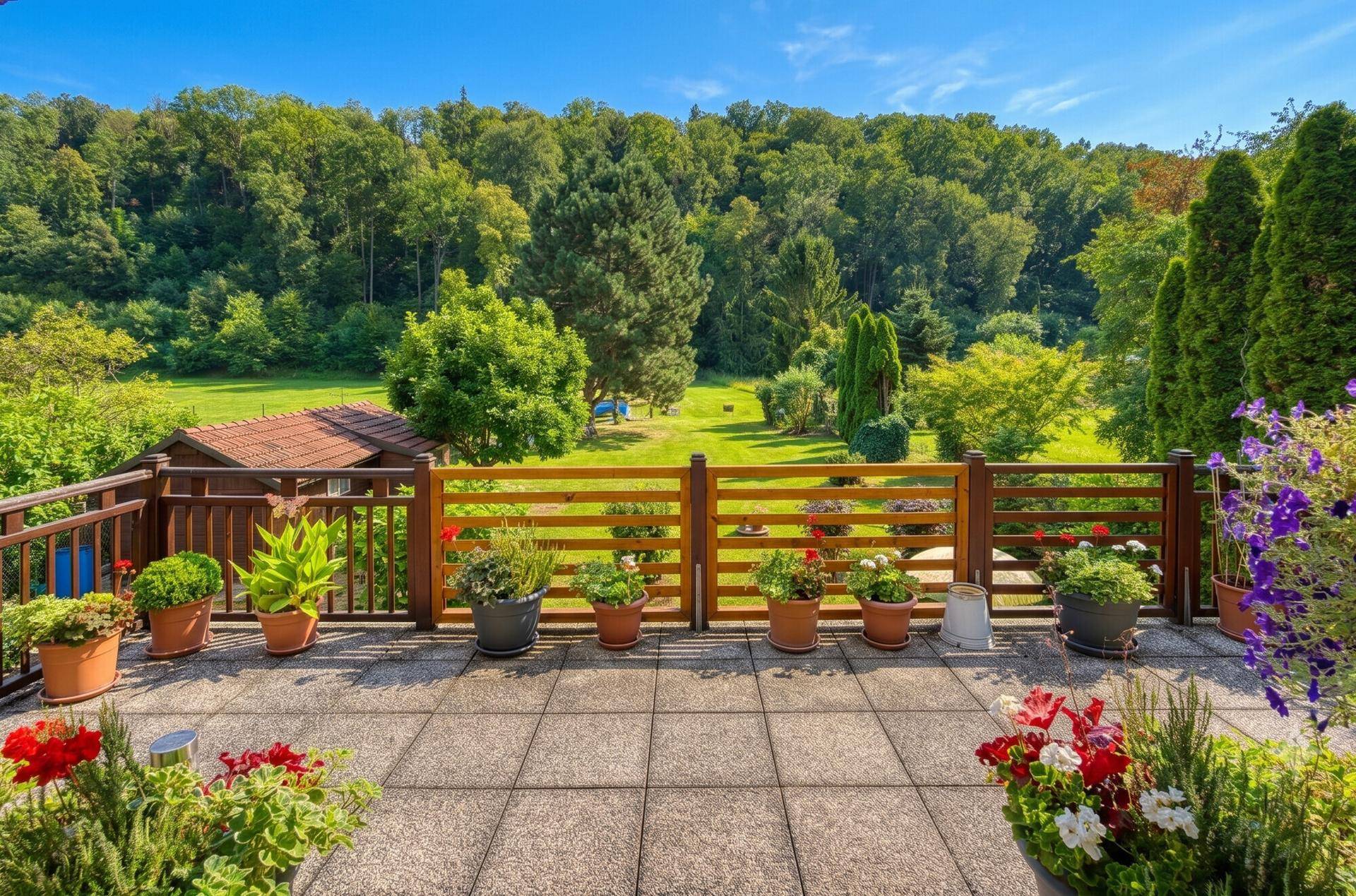 Geflieste Terrasse mit Blumen und weitem Blick ins Grüne und auf den Wald.