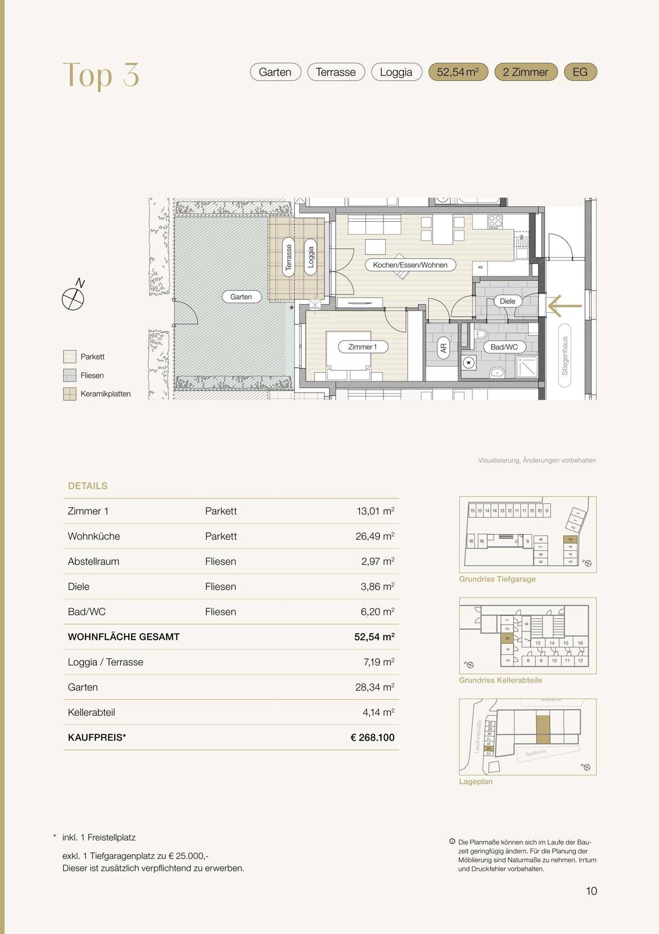 Detaillierter Grundriss für Wohnung Top 3 mit Garten, Terrasse, Loggia und offenem Wohnbereich.