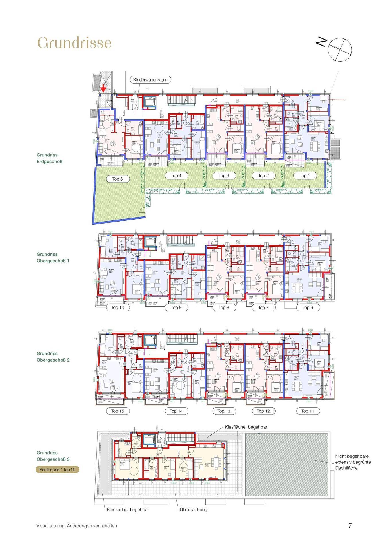 Übersicht der Grundrisse für verschiedene Etagen und Wohneinheiten eines modernen Apartmentgebäudes.