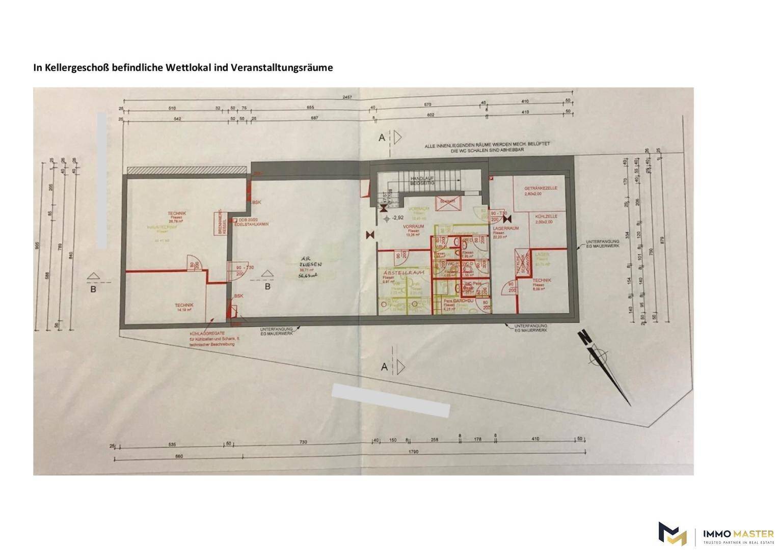 Grundriss des Kellergeschosses mit Wettlokal und Veranstaltungsräumen, inklusive Maßen.