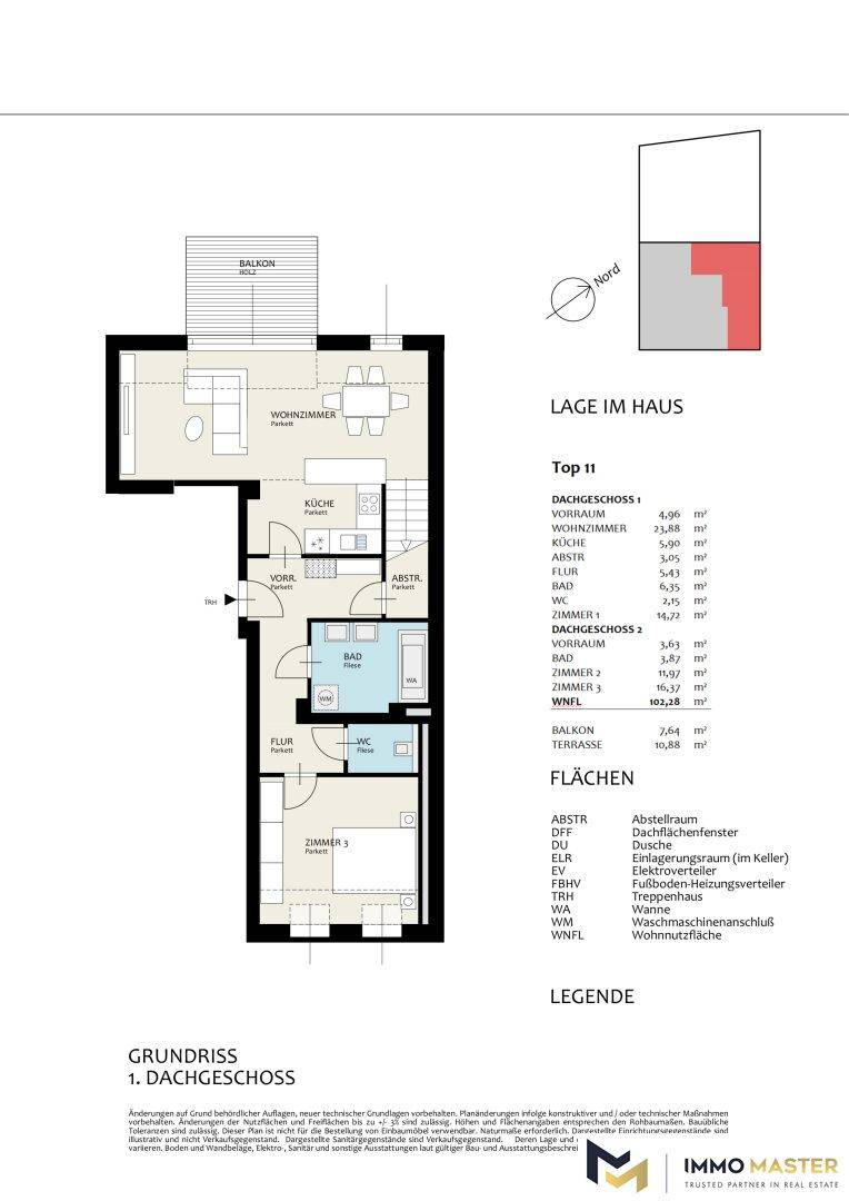 Grundriss des ersten Dachgeschosses mit Wohnzimmer, Küche, Bad und Balkon.