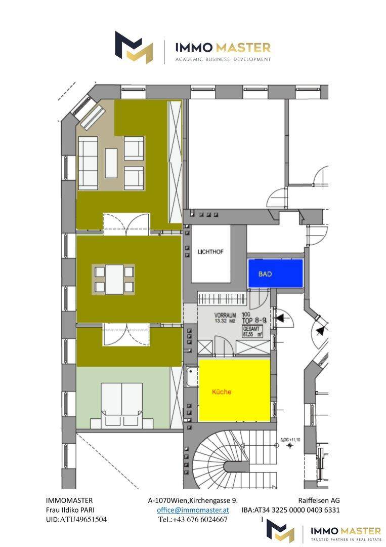 Grundriss der Wohnung mit verschiedenen farblich markierten Bereichen und Treppenhaus.