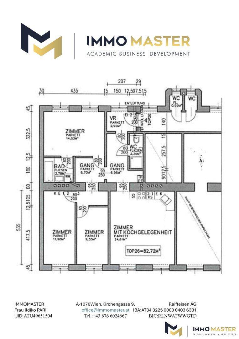Grundriss der Wohnung mit Zimmern, Bad und Küche, inklusive Flächenangaben in Quadratmetern.