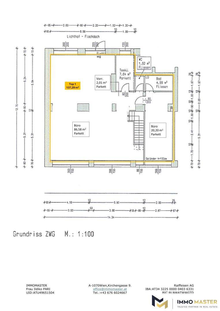 Grundriss des Zwischengeschosses mit Büroräumen und einer Gesamtfläche von 137,28 m².