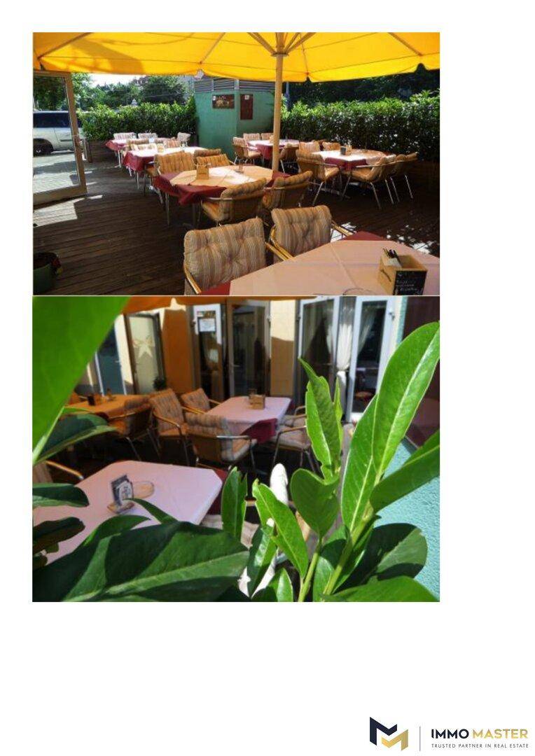 Zwei Perspektiven des Außenbereichs eines Cafés oder Restaurants mit Tischen und Sonnenschirm.