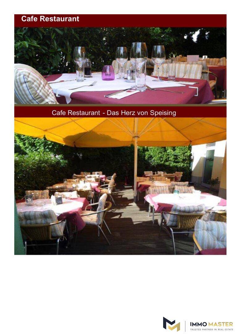 Zwei Ansichten des Außenbereichs eines Cafés oder Restaurants mit Tischen, Stühlen und Sonnenschirmen.