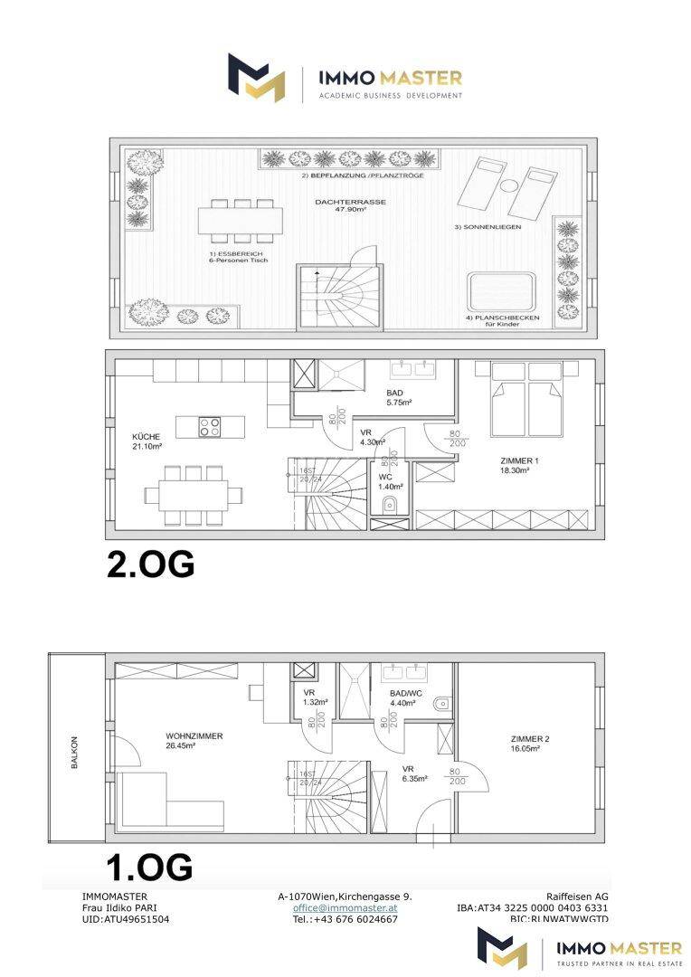 Detaillierter Grundrissplan über drei Ebenen mit Dachterrasse, Wohnbereichen und Schlafzimmern.