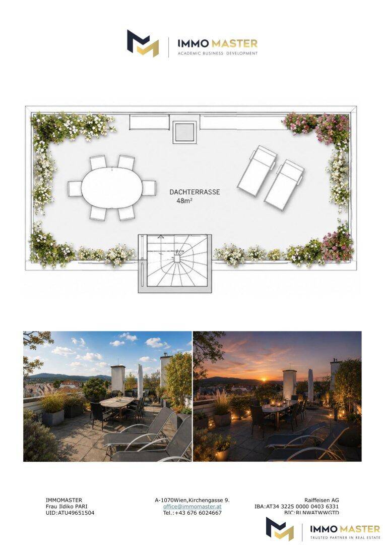 Grundriss der Dachterrasse mit Visualisierungen bei Tag und Sonnenuntergang.