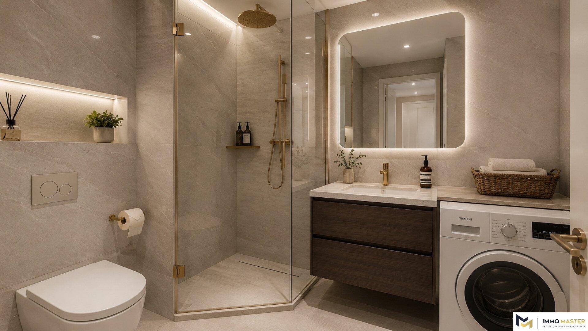 Elegantes Badezimmer mit begehbarer Dusche, Wand-WC und integrierter Waschmaschine.