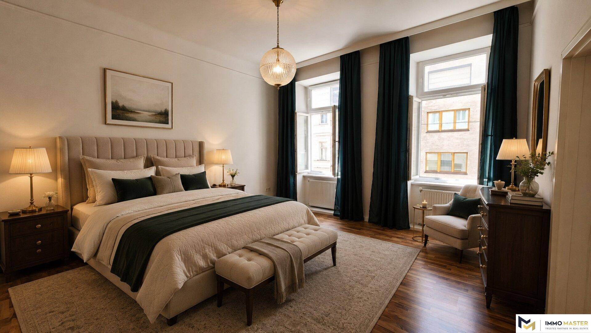 Helles Schlafzimmer mit großem Bett, Teppich und zwei Fenstern mit dunklen Vorhängen.