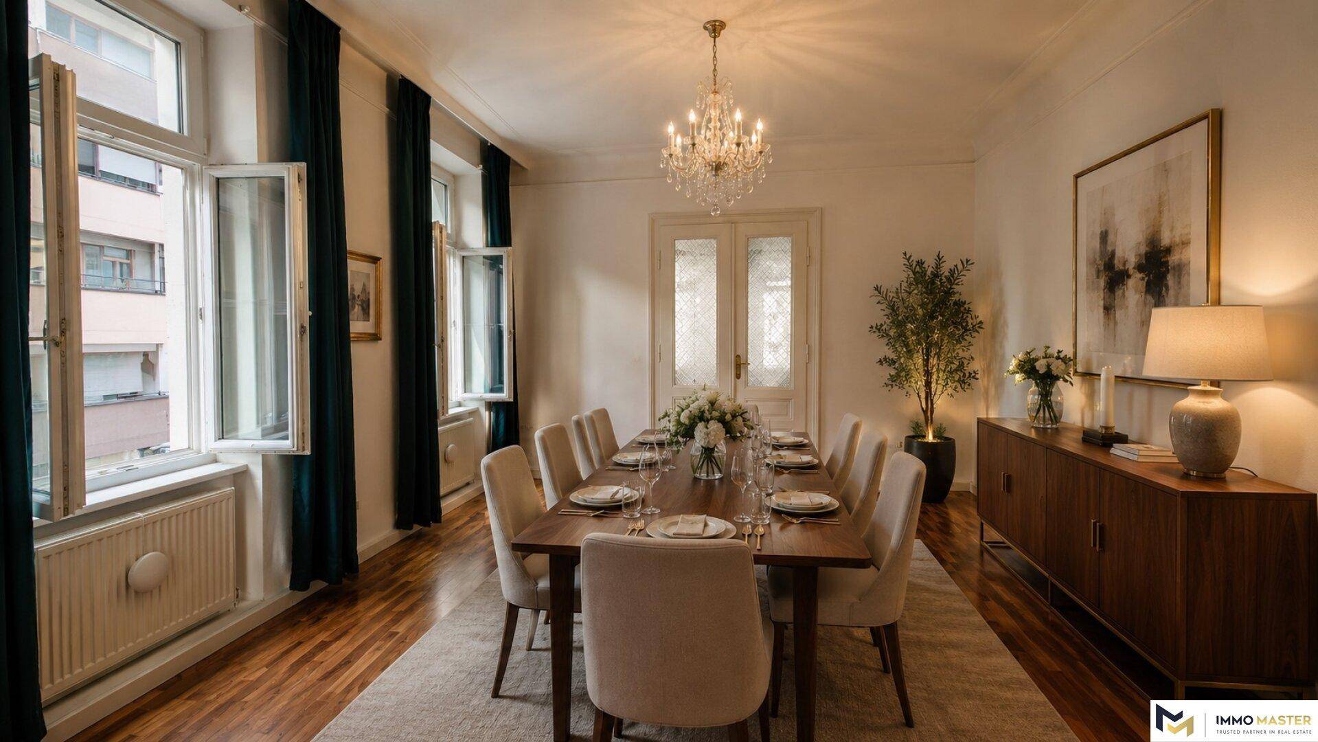 Eleganter Essbereich mit großem Holztisch, bequemen Stühlen und klassischem Kronleuchter.