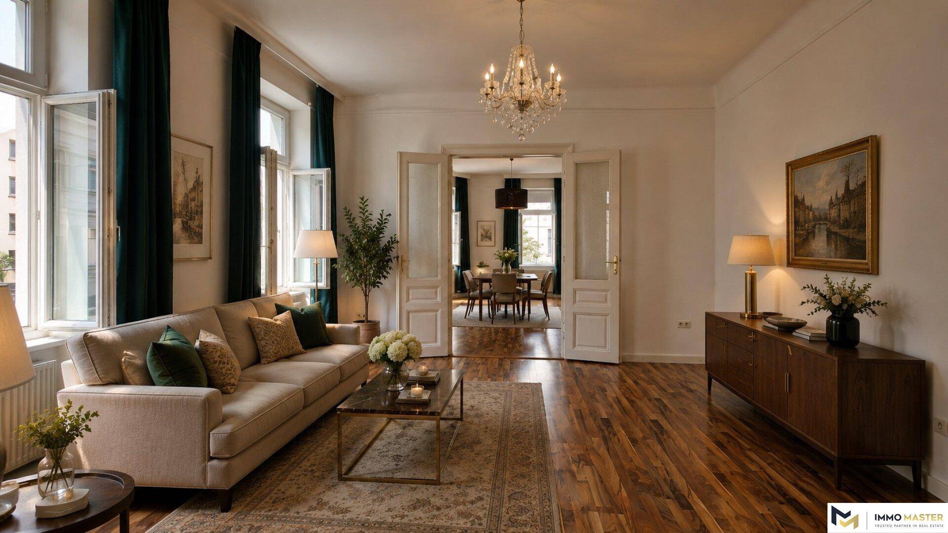 Geräumiges Wohnzimmer mit heller Couch, Holzboden und Blick in den angrenzenden Essbereich.