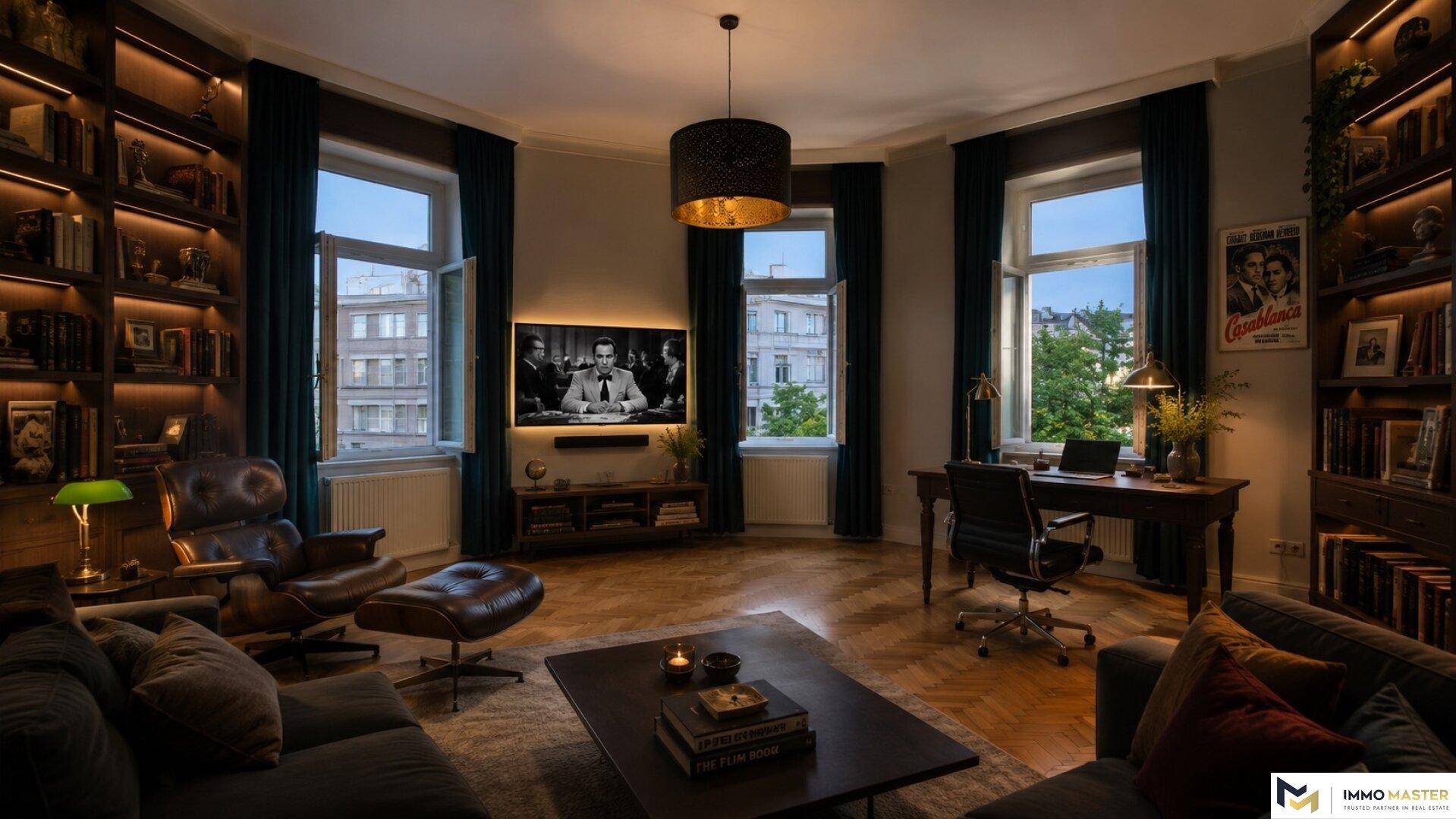 Gemütliches Wohnzimmer mit indirekter Beleuchtung, Bücherregalen und Arbeitsbereich am Fenster.