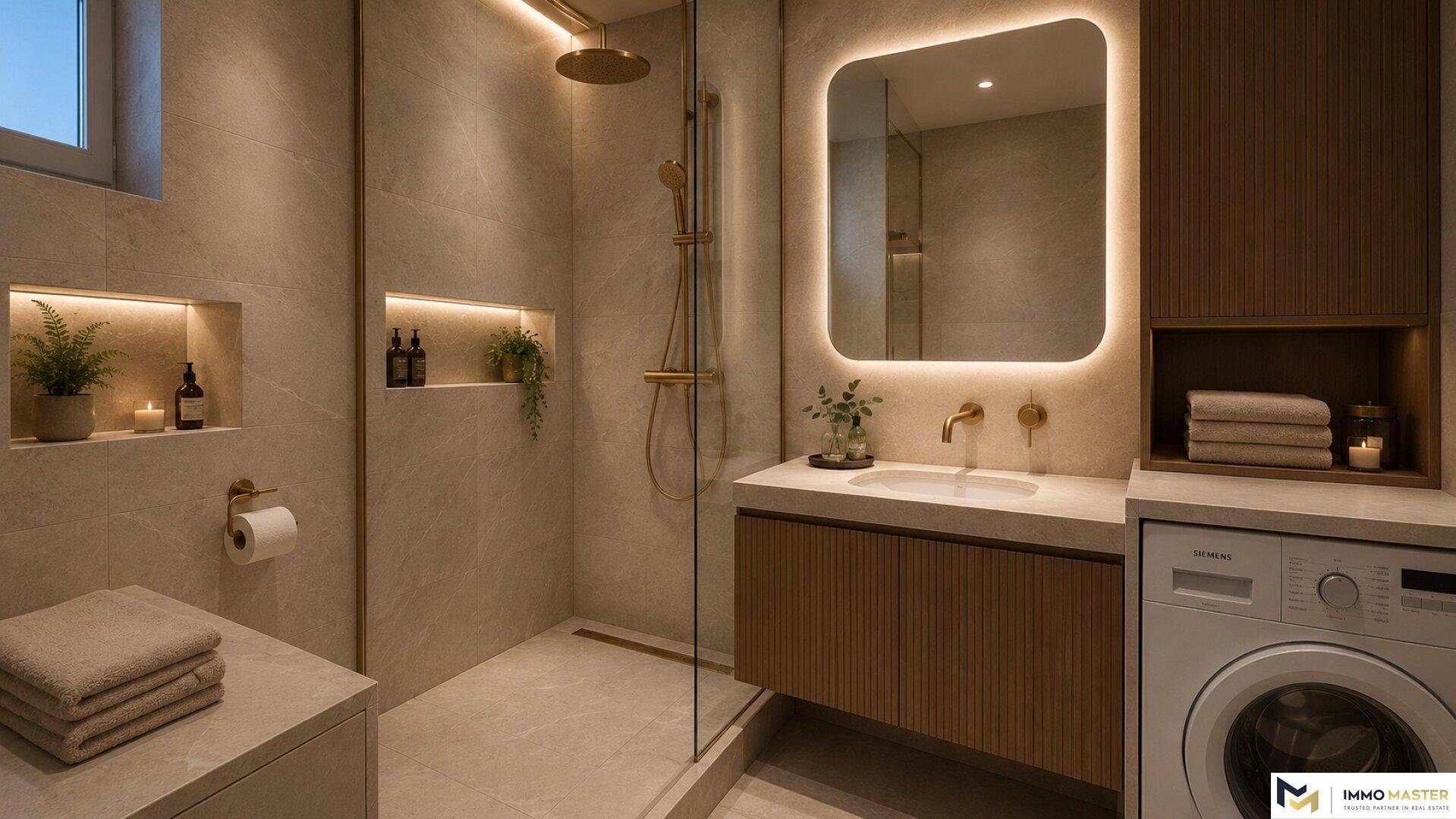 Modernes Badezimmer mit begehbarer Dusche, beleuchtetem Spiegel und Waschmaschine.