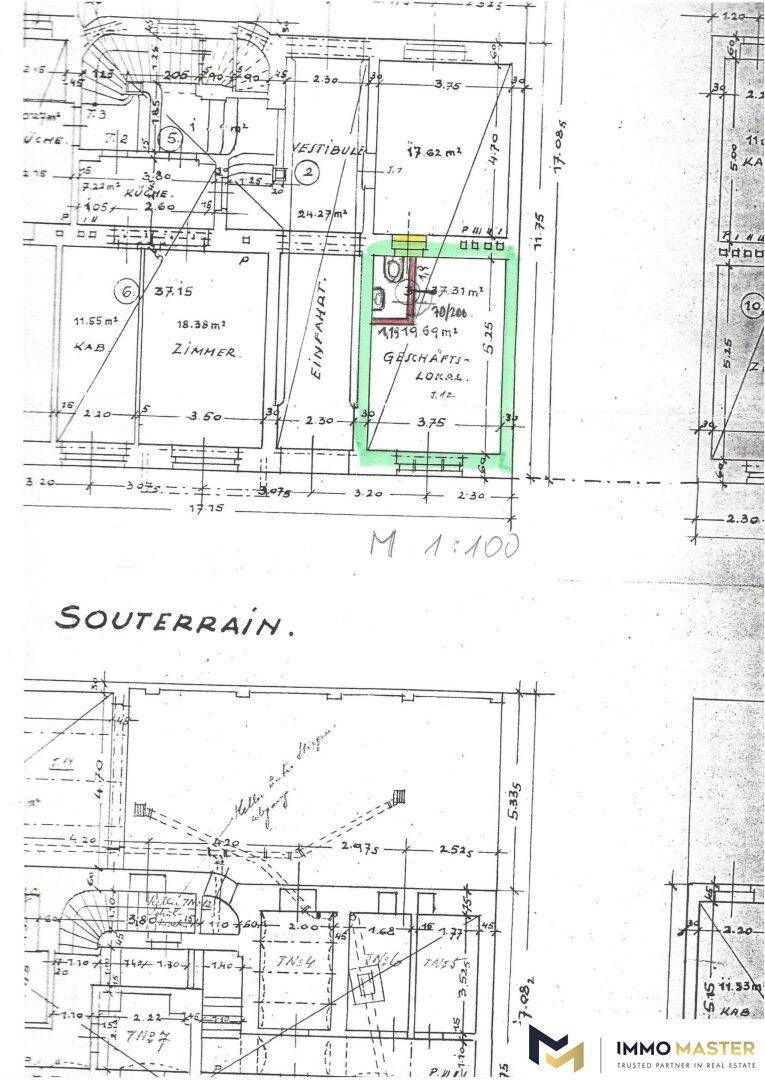 Detaillierter Grundriss des Souterrains und weiterer Ebenen mit Raumaufteilung und Maßen.