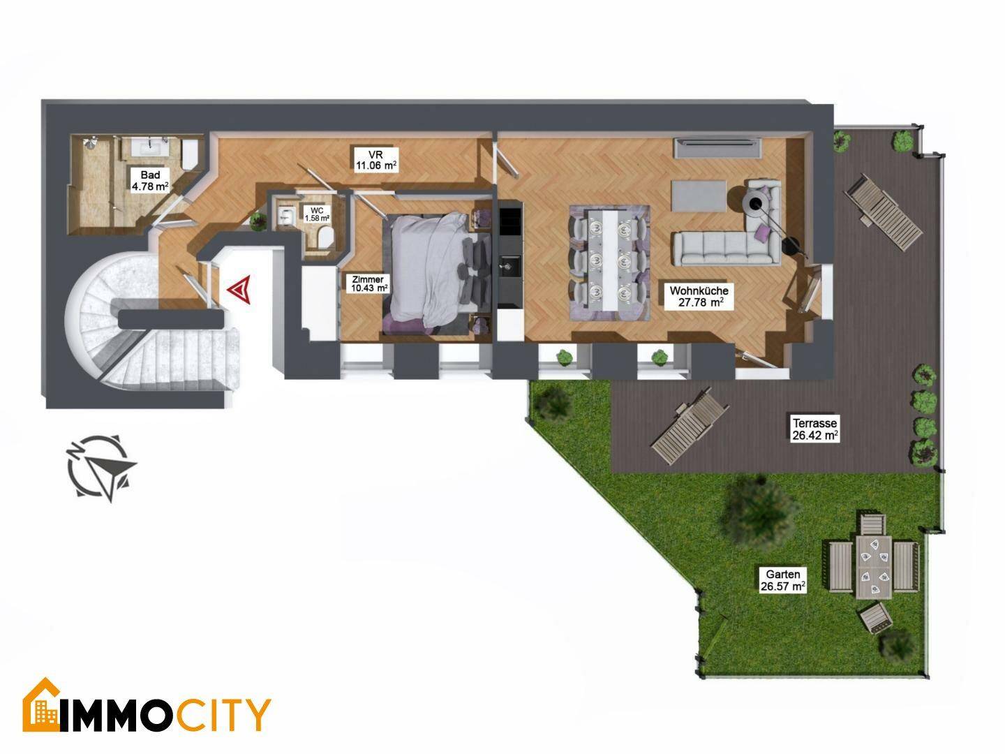 Grundriss des Erdgeschosses mit Wohnküche, Schlafzimmer, Bad, Terrasse und Garten.