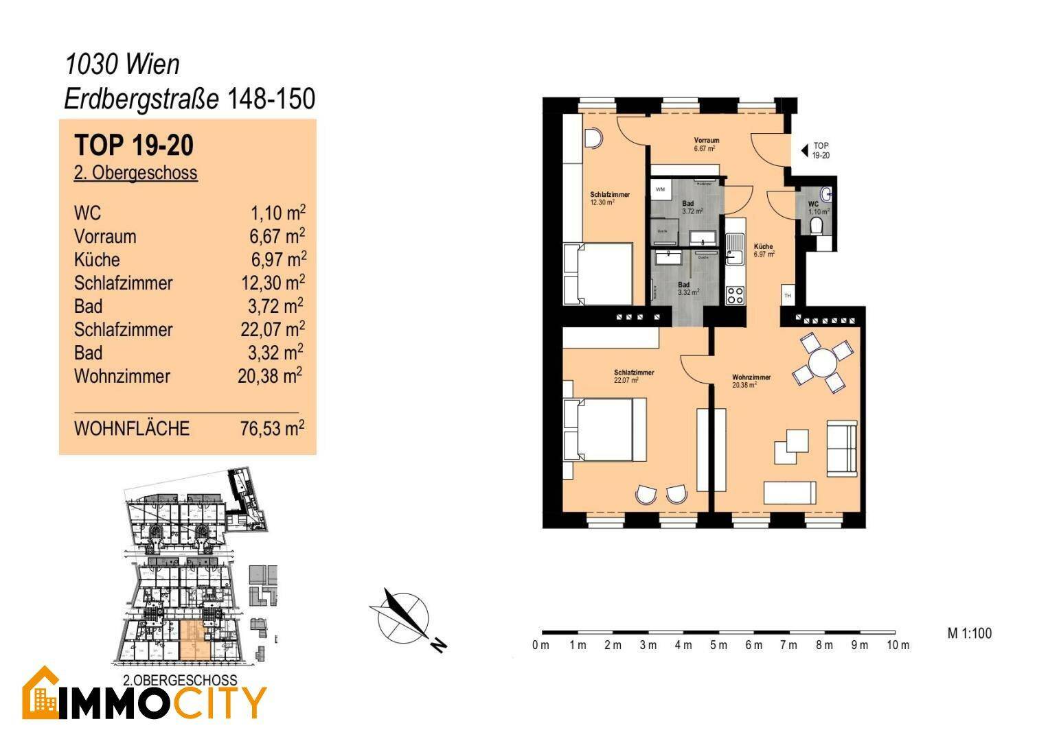 Grundriss der Wohnung TOP 19-20 im 2. Obergeschoss mit 76,53 m² Wohnfläche.