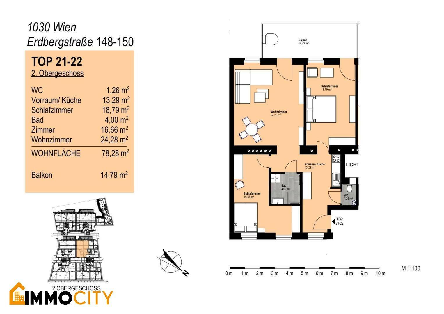 Grundriss der Wohnung TOP 21-22 im 2. Obergeschoss mit 78,28 m² Wohnfläche und Balkon.