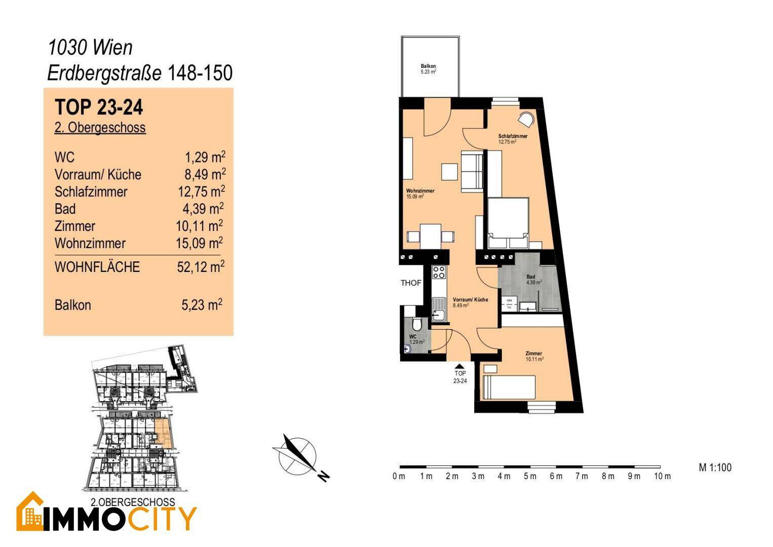 Grundriss der Wohnung TOP 23-24 im 2. Obergeschoss mit 52,12 m² Wohnfläche und Balkon.