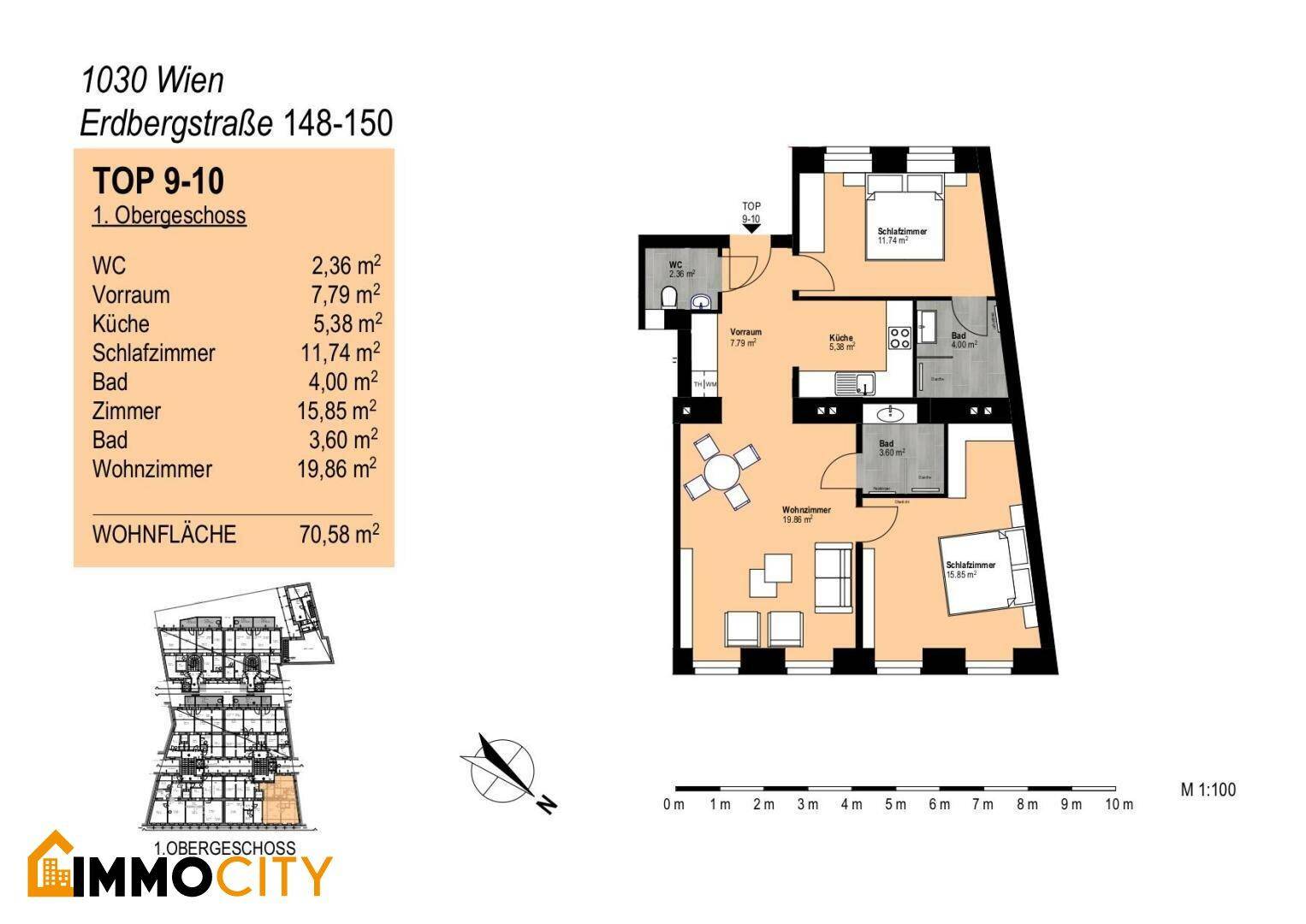 Grundriss der Wohnung TOP 9-10 im 1. Obergeschoss mit mehreren Zimmern und Balkonzugang.