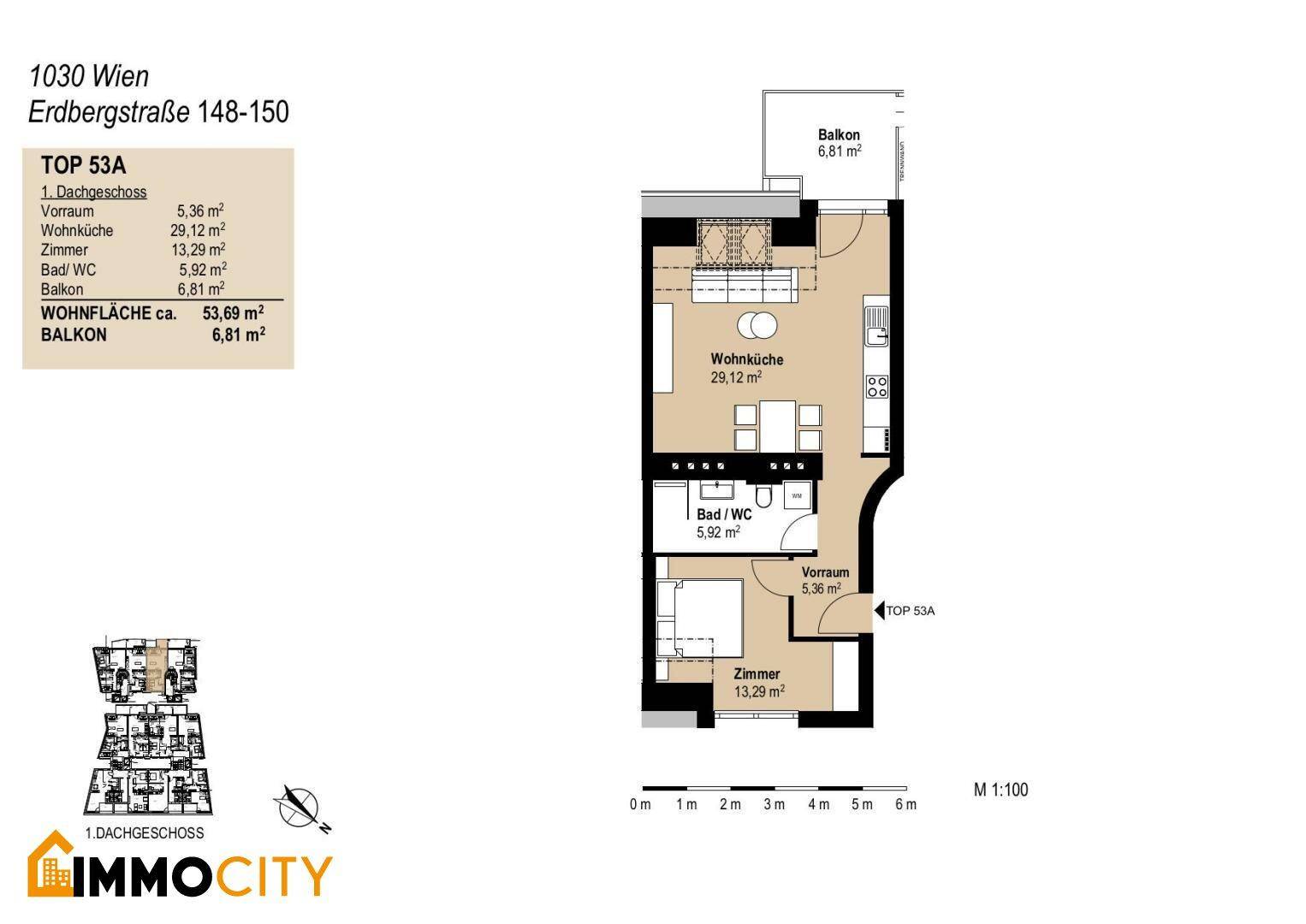 Grundriss der Wohnung TOP 53A im Dachgeschoss mit Wohnküche, Zimmer und Balkon.