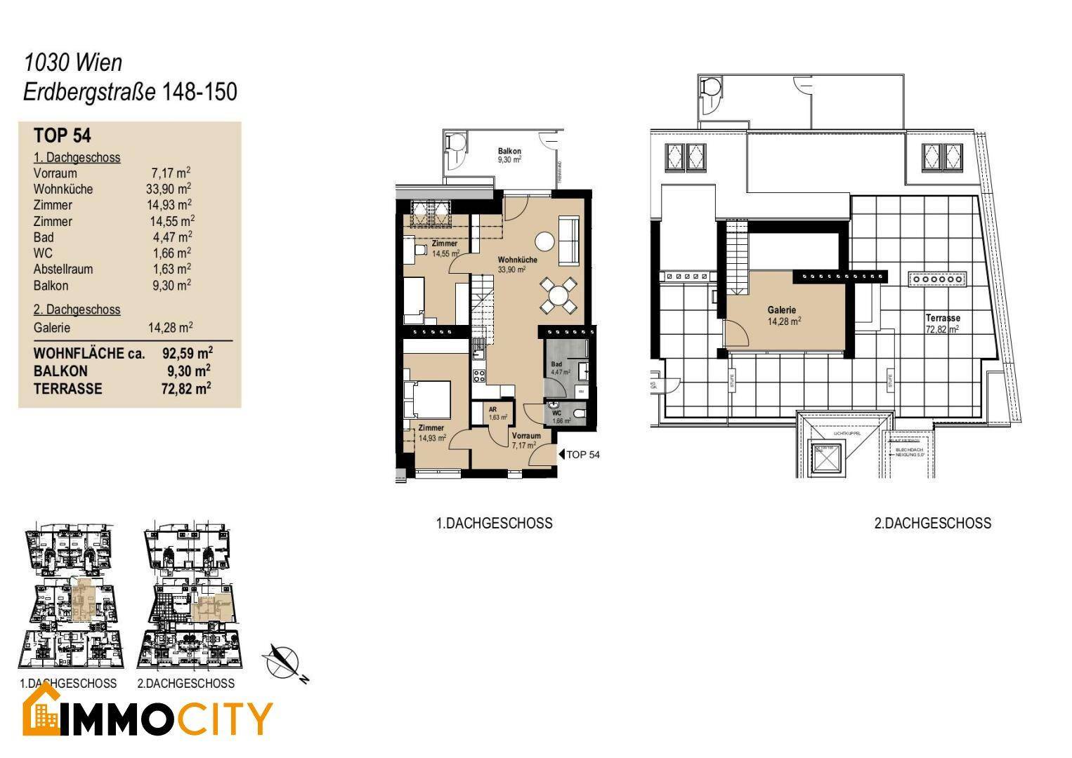 Zweigeschossiger Grundriss der Wohnung TOP 54 mit Balkon, Terrasse und Galerie im Dachgeschoss.