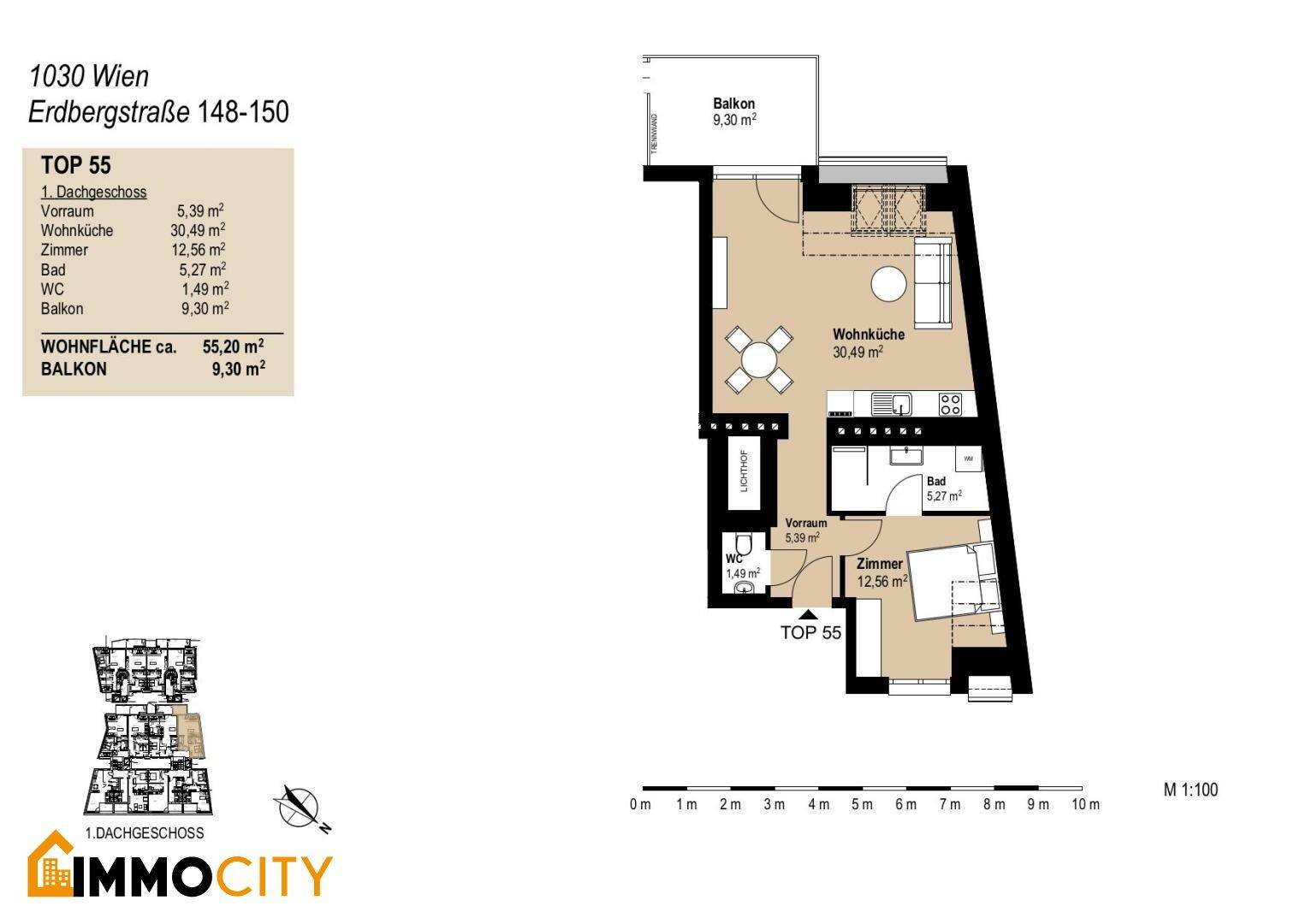 Grundriss der Wohnung TOP 55 im Dachgeschoss mit offener Wohnküche, Zimmer und Balkon.