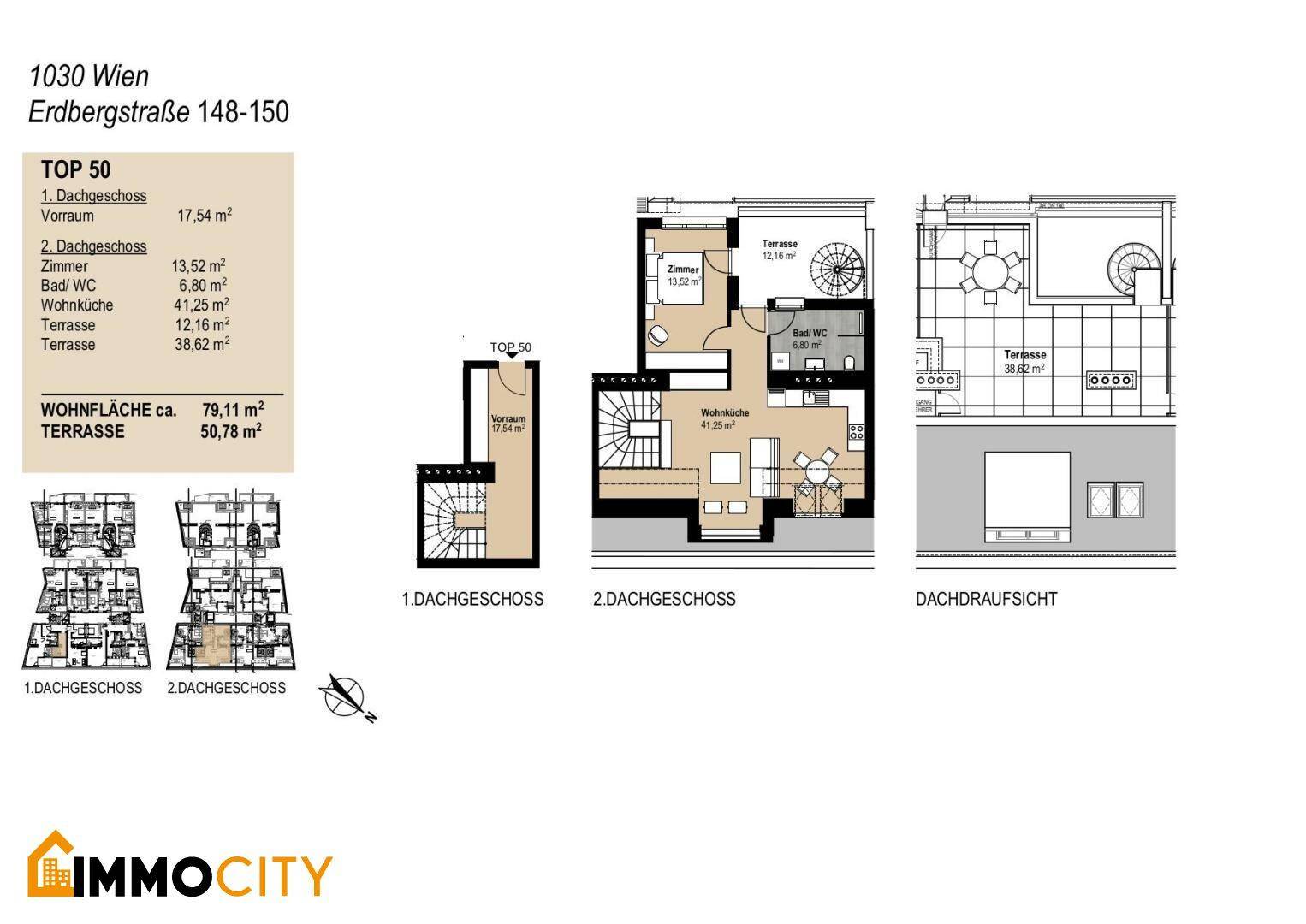 Zweigeschossiger Grundriss der Wohnung TOP 50 mit Wohnküche, Zimmer und großer Dachterrasse.