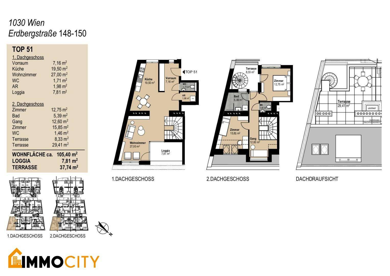 Zweigeschossiger Grundriss der Wohnung TOP 51 mit Loggia, Terrasse und separater Küche.