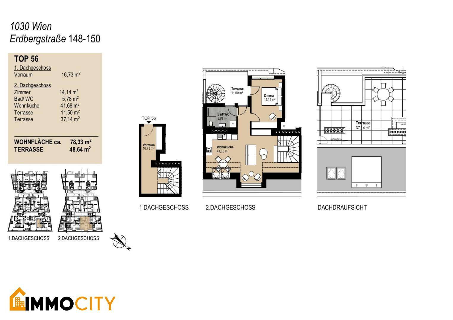 Zweigeschossiger Grundriss der Wohnung TOP 56 mit Wohnküche, Zimmer und großer Dachterrasse.