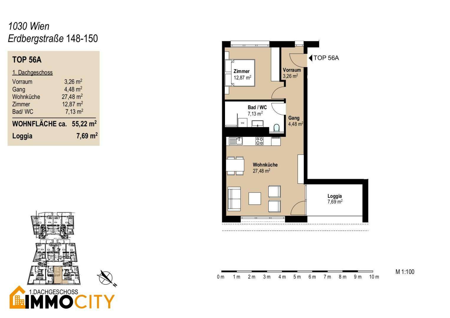 Grundriss der Wohnung TOP 56A im Dachgeschoss mit Wohnküche, Zimmer und Loggia.
