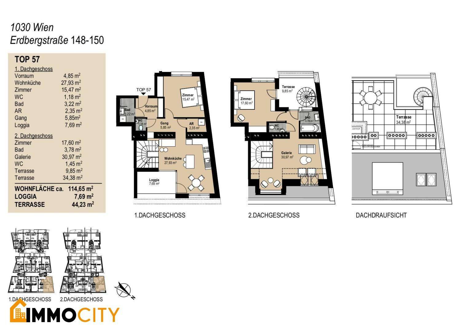Zweigeschossiger Grundriss der Wohnung TOP 57 mit Loggia, Terrasse und Galerie im Dachgeschoss.